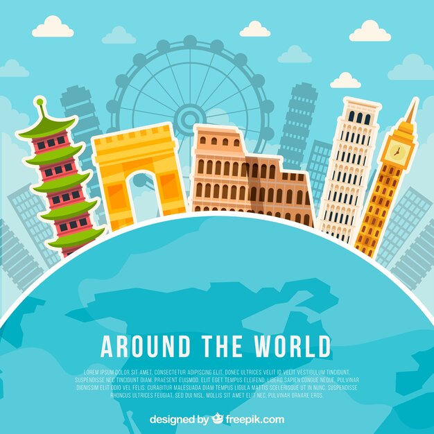 World with landmarks in flat style