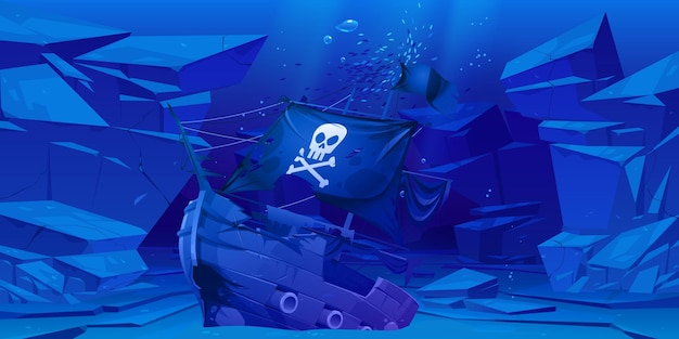 Free Vector wrecked pirate ship on rocky sea bottom