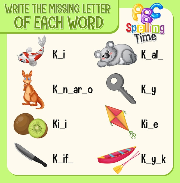 Free Vector write the missing letter of each word worksheet for children