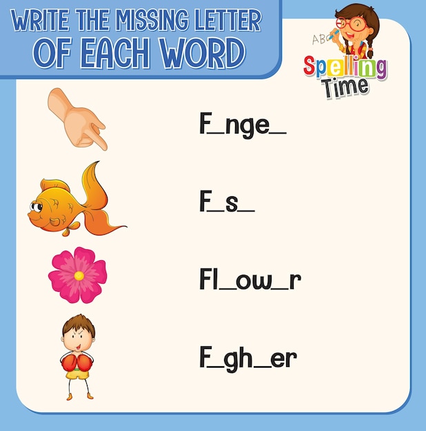 Write the missing letter of each word worksheet for children