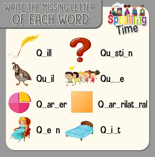 Write the missing letter of each word worksheet for children