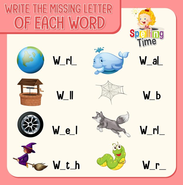 Write the missing letter of each word worksheet for children