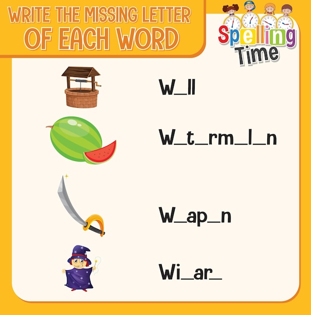 Write the missing letter of each word worksheet for children