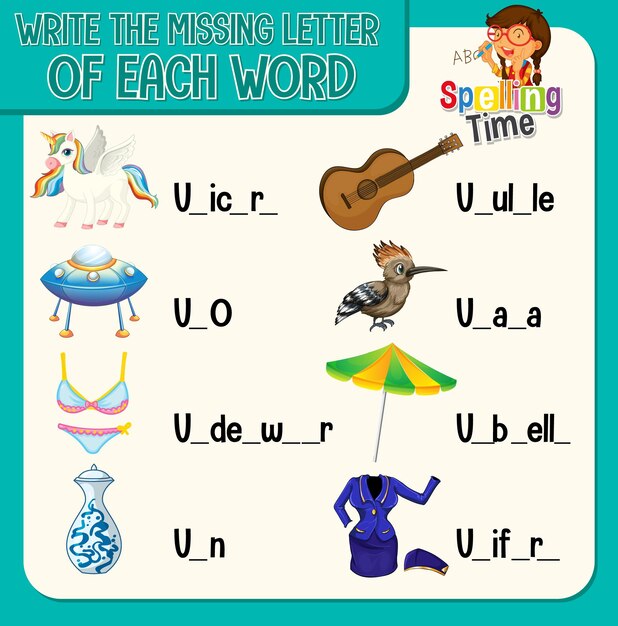 Write the missing letter of each word worksheet for children