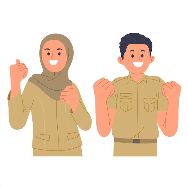 Free Vector xavector illustration of indonesian civil servant clenching both fists up as a metaphor for success