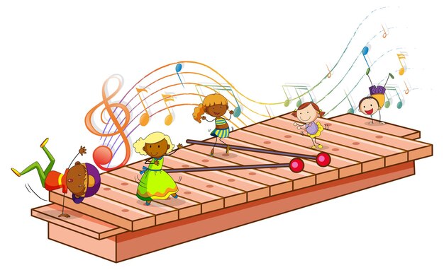 Free Vector xylophone with many happy kids and melody symbols isolated