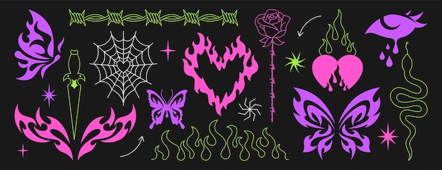 Free Vector y2k gothic tattoo stickers neo tribal ornaments in trendy goth emo style