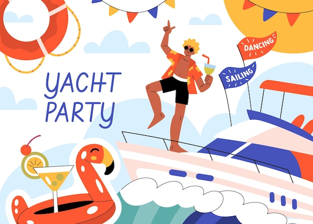 Free Vector yacht party composition with collage of flat sailing boat images decorations dancing guy and editable text vector illustration