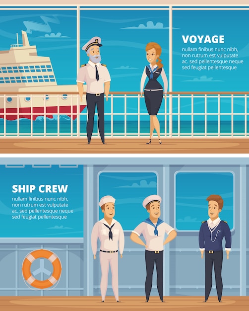 Free Vector yacht voyage ship crew members characters 2 horizontal cartoon banners with captain and sailors isolated 