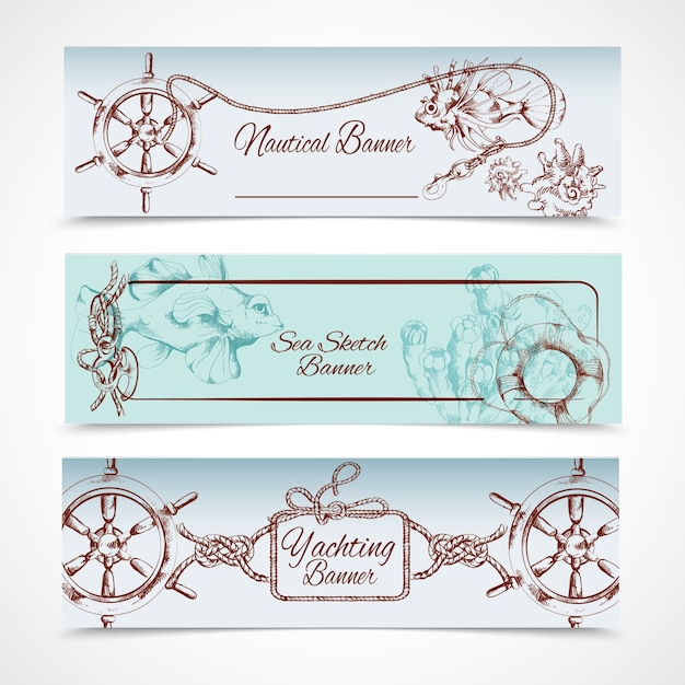 Yachting ocean nautical sketch horizontal banner set with steering wheel fish horse isolated vector illustration