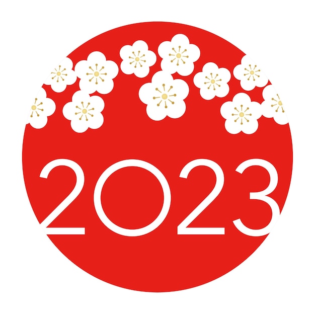 The Year 2023 Greeting Symbol With The Red Sun And White Cherry Blossom. Vector Illustration Isolate