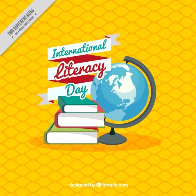 Free Vector yellow background with books and world for the international literacy day