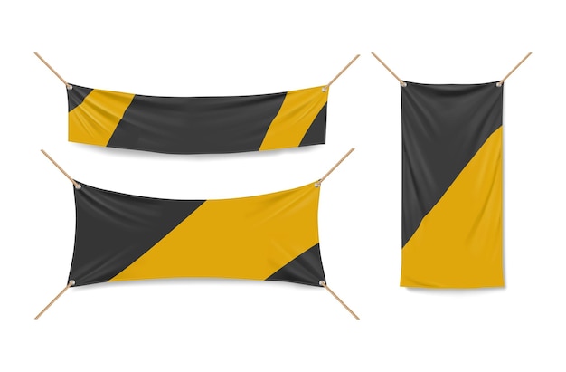 Yellow and black vinyl banners hanging with ropes