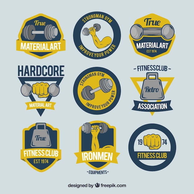 Free Vector yellow and blue vintage fitness label collection