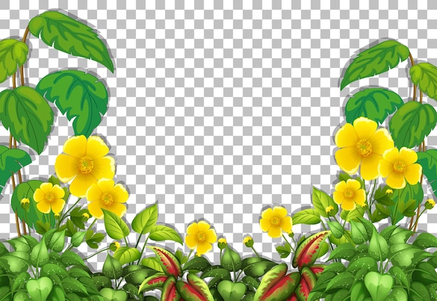 Yellow flower and tropical leaves frame template on transparent background