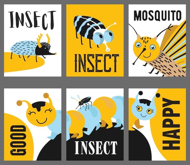 Yellow greeting card designs with childish insects.