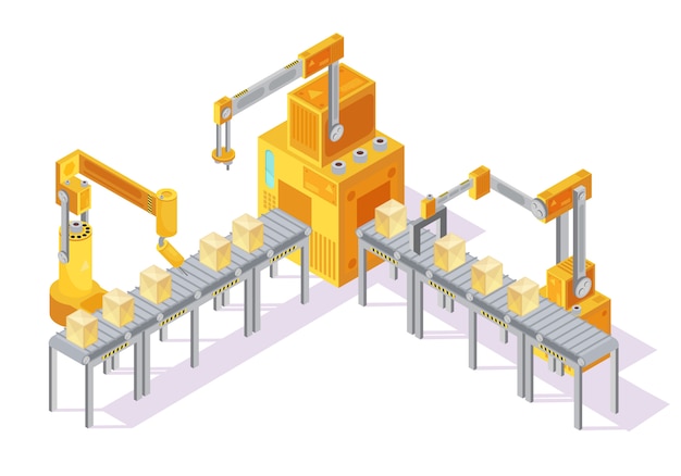 Free vector yellow grey conveyor system with control panel, robotic hands and packaging on line isometric vector illustration