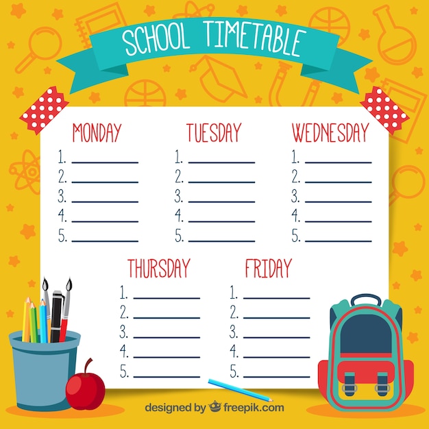 Yellow hand drawn school timetable