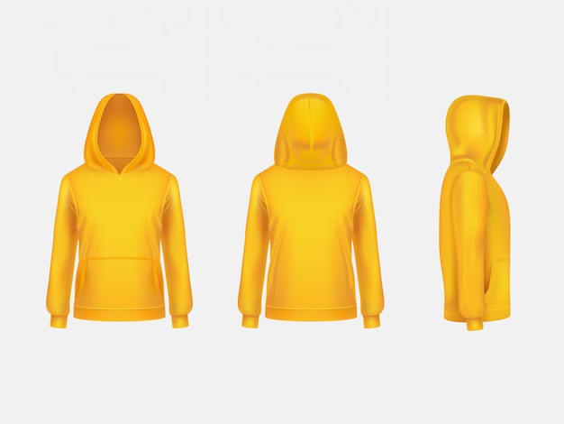 Free Vector yellow hoodie sweatshirt 3d realistic mockup template on white background.