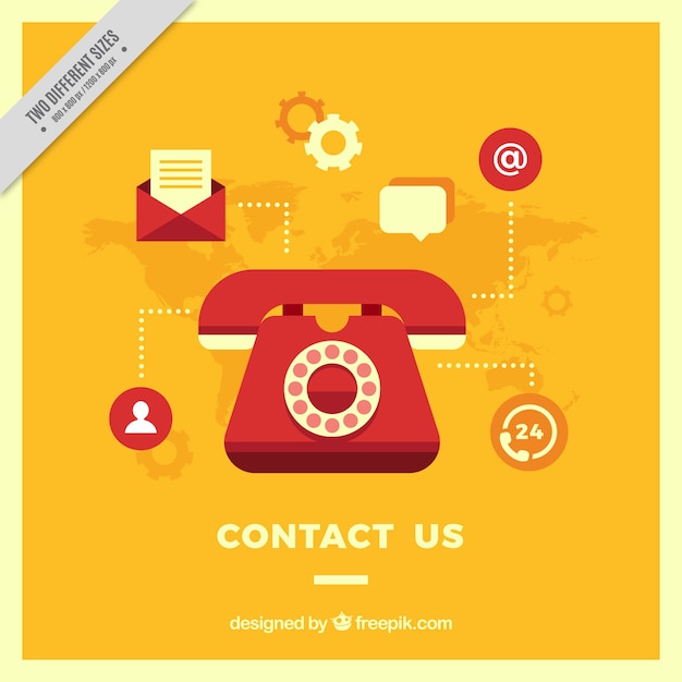 Free Vector yellow phone background with contact icons