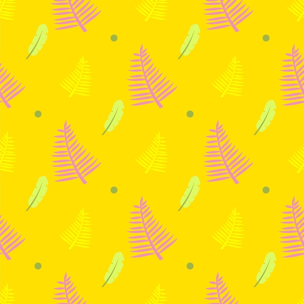 Yellow Seamless Pattern with Feathers, Dots and Fern Leaves