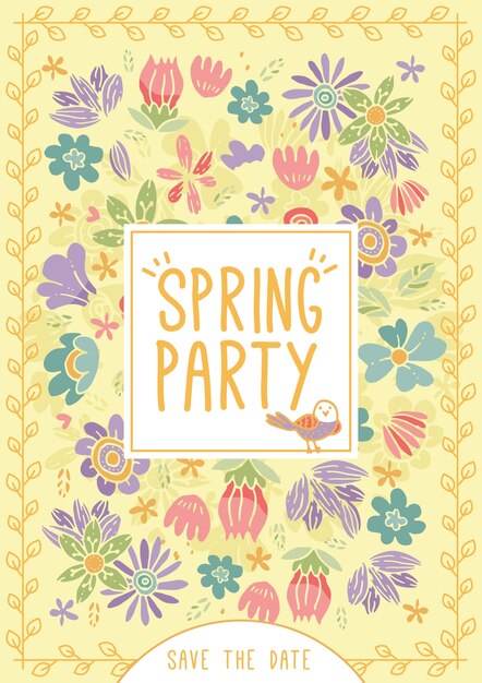 Yellow spring party flyer with hand drawn flowers