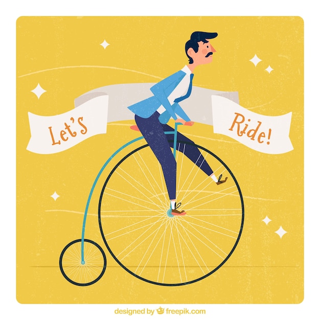 Free vector yellow vintage background of man in a unicycle