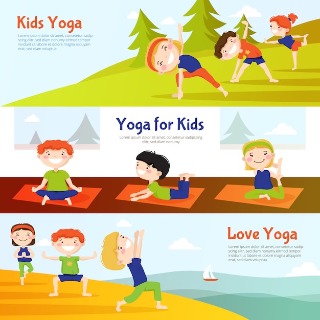 Free Vector yoga for kids horizontal banners set with children practicing asana poses outdoor