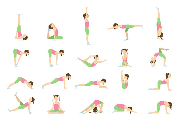 Yoga for kids Isolated poses and asanas for children on white background