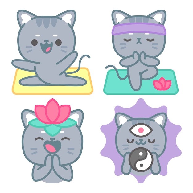 Free vector yoga and meditation stickers collection with tomomi the cat