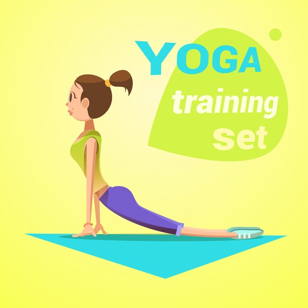 Yoga retro cartoon with young girl in snake pose