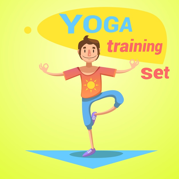 Yoga training set with health and happiness symbols cartoon vector illustration 