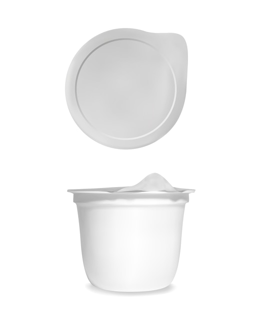 Yogurt package illustration of white realistic 3D container cup with closed foil lid