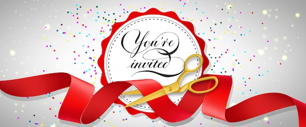 You are invited festive banner with confetti, text on white circle and gold scissors