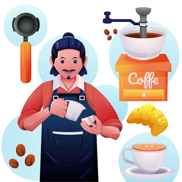 Free Vector young barista man with professional equipment make coffee in cartoon vector