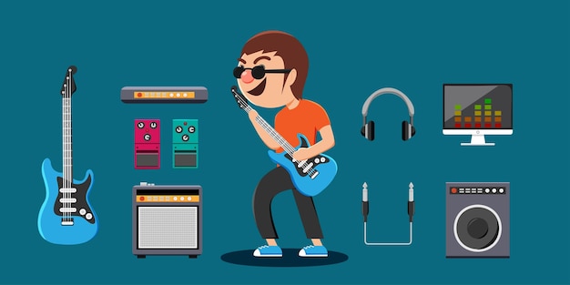 Young bassist man in glasses with bass and equipment in work speaker headphone monitor electric tuner or sound effect in cartoon style for graphic designer