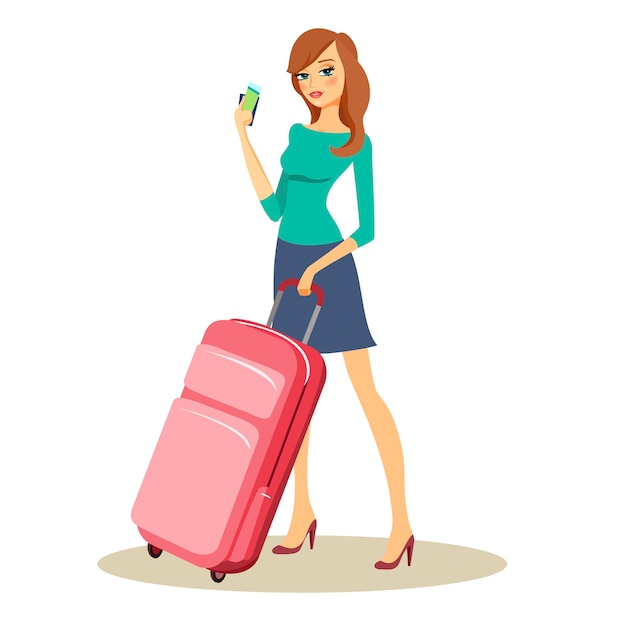 Free Vector young beautiful traveler or tourist with travel trolley case on wheels holding up a handful of money and tickets