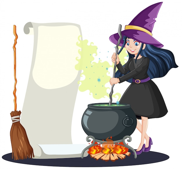 Young beautiful witch with black magic pot and broomstick and blank note paper cartoon style isolated