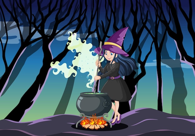 Free Vector young beautiful witch with black magic pot cartoon style on dark jungle