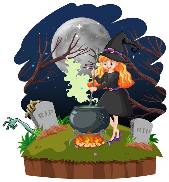 Young beautiful witch with black magic pot cartoon style isolated on white background