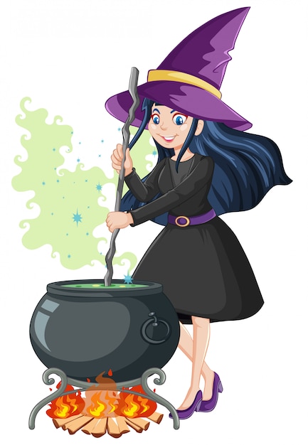 Young beautiful witch with black magic pot cartoon style isolated on white background