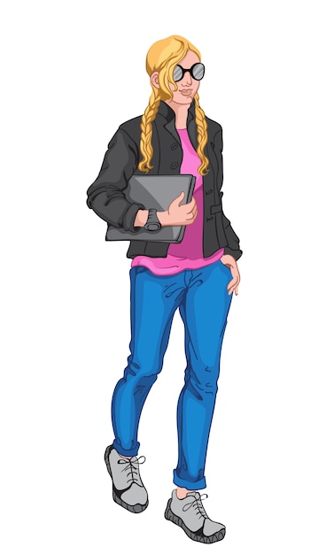 Free Vector young blonde woman wearing pink blouse, black jacket, sunglasses, watch, blue jeans, gray sneakers and holding a laptop