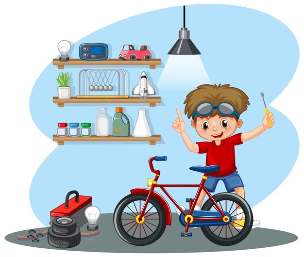 Free Vector young boy fixing a bicycle together