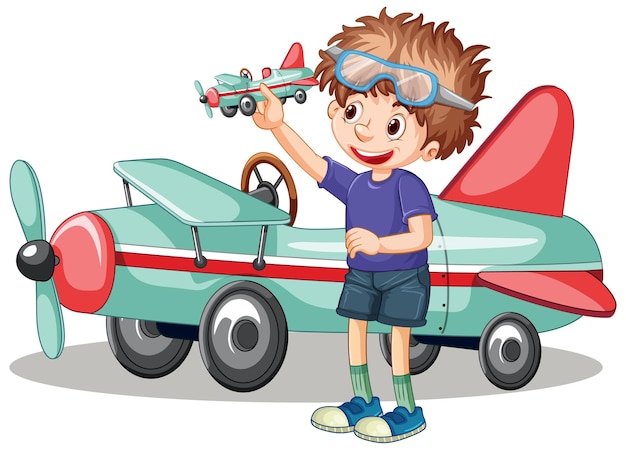 Young boy playing with plane toy standing in front of plane