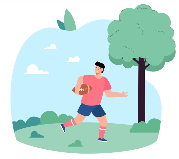 Young boy running through field with rugby ball. Kid cartoon character playing ball game flat vector illustration. Sports, outdoor activity concept for banner, website design or landing web page