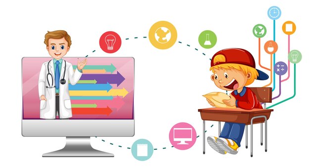 Free Vector young boy studying in front of computer