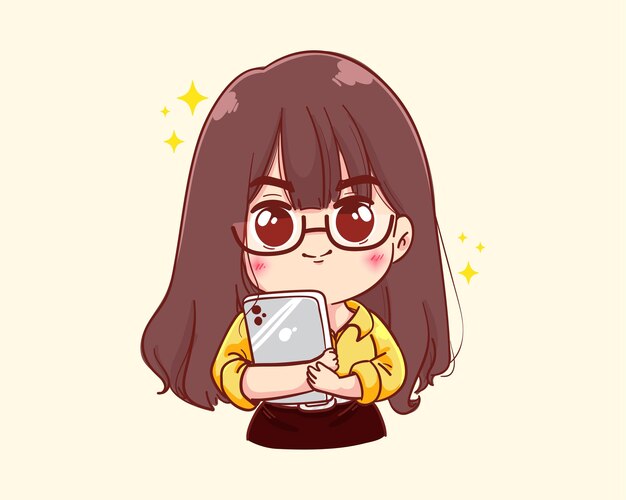 Young businesswoman holding tablet cartoon illustration