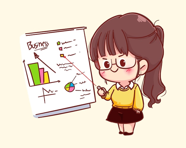 Young businesswoman showing presenter white board cartoon illustration