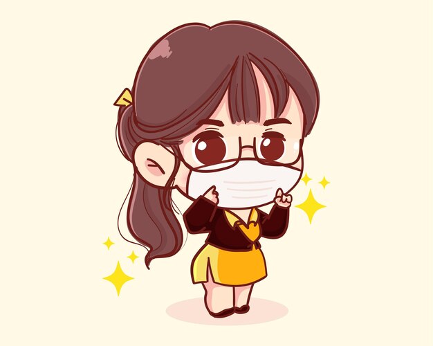 Young businesswoman wearing masks cartoon illustration