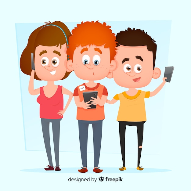 Free Vector young characters with phones illustration